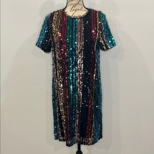 NWT Francesca’s Mi Ami sequin multi rainbow shift mini dress M